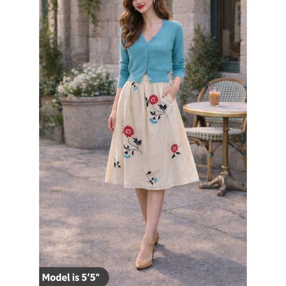 Vintage Panther Floral Print Skirt Ivory Gathered Waist Union Made Cottagecore M